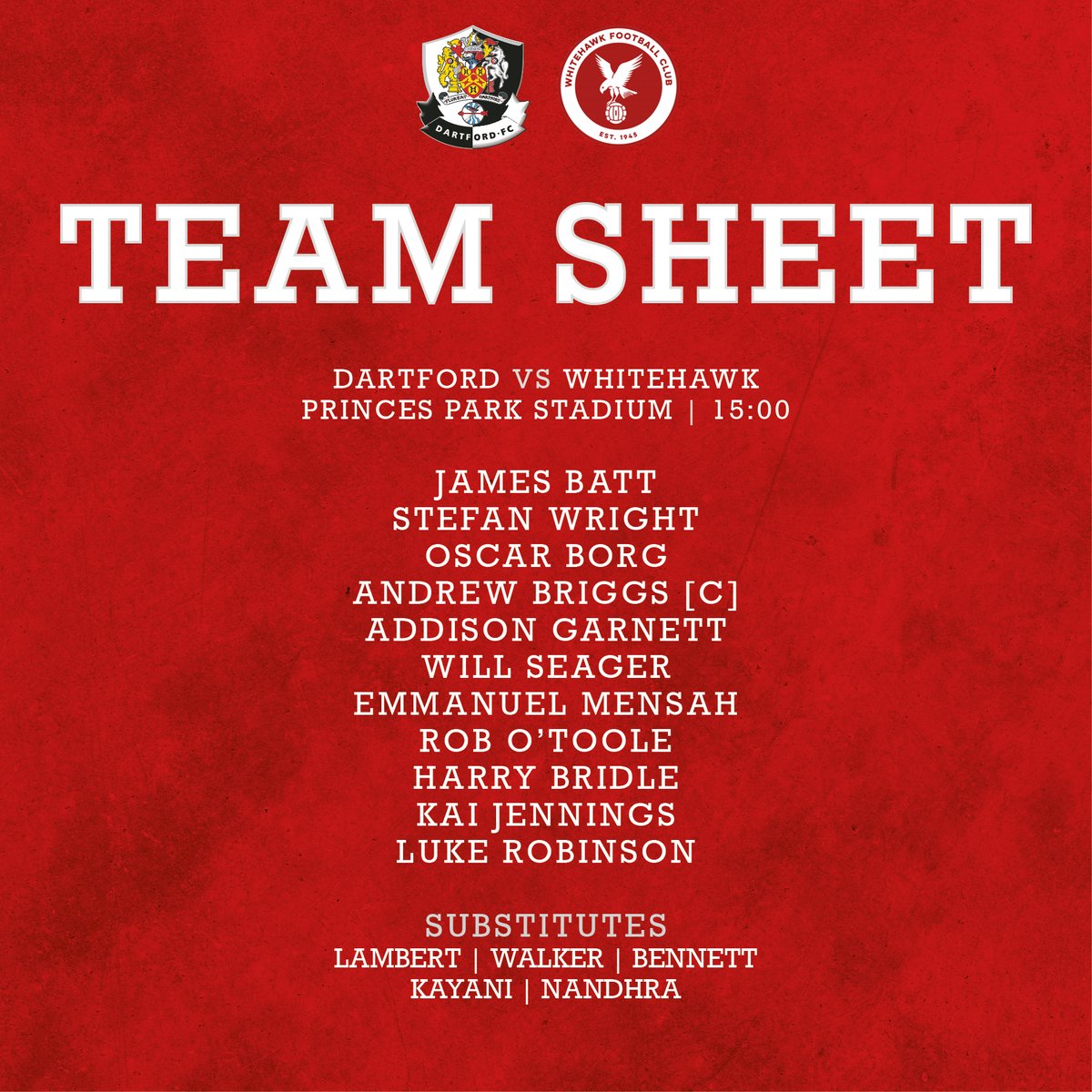 TEAM NEWS! Here is your Hawks lineup for today's <a href="/IsthmianLeague/">The Pitching In Isthmian League</a> clash with <a href="/dartfordfc/">Dartford FC</a> 

James Batt joins on loan from Bromley to replace the suspended Jasper Sheik. Will Seager replaces Wasiri Williams, who departs the club following his short term deal.

#COYH