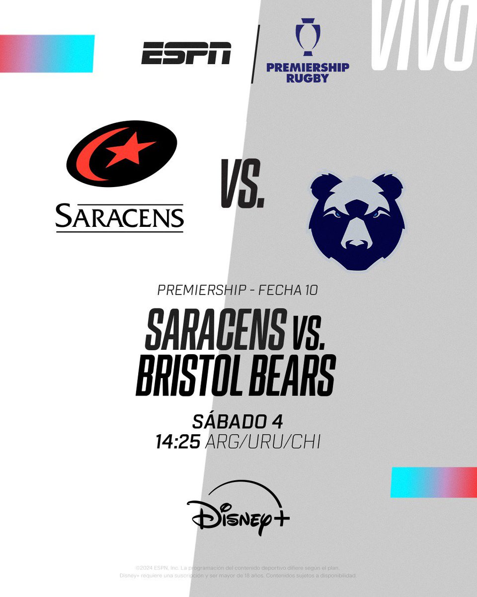 #PREMIERSHIP | Sábado 14:25 (ARG/URU/CHI) con <a href="/EstebanLasala/">Rulo</a> hacemos #Saracens vs #Bristol a través de #DisneyPlus! También disponible en ESPN 3. 🏉⭐