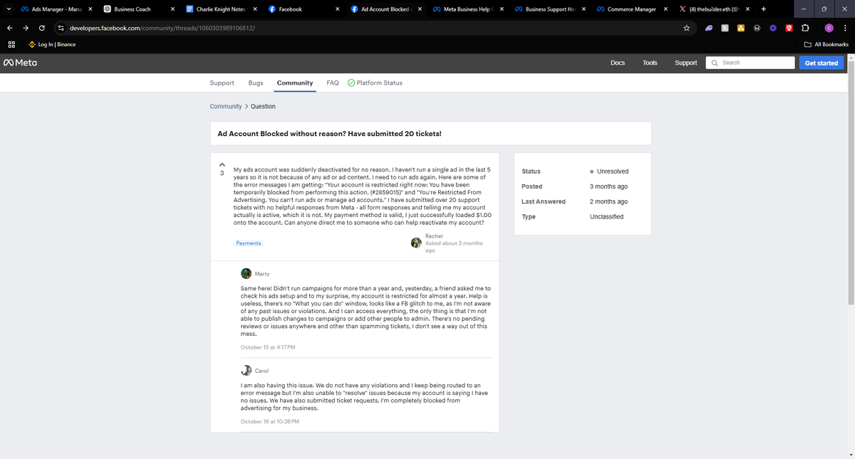 thebuilder_eth's tweet photo. @MetaforBusiness 
MY FACEBOOK AD ACCOUNT IS RESTRICTED FOR NO REASON
I am unable to request a review and I'm given no way of contacting support, I just keep being sent to account quality which shows no issues.
I need to run ads ASAP
IM NOT THE ONLY ONE WITH THIS ISSUE: https://t.co/ITsKejmqxr