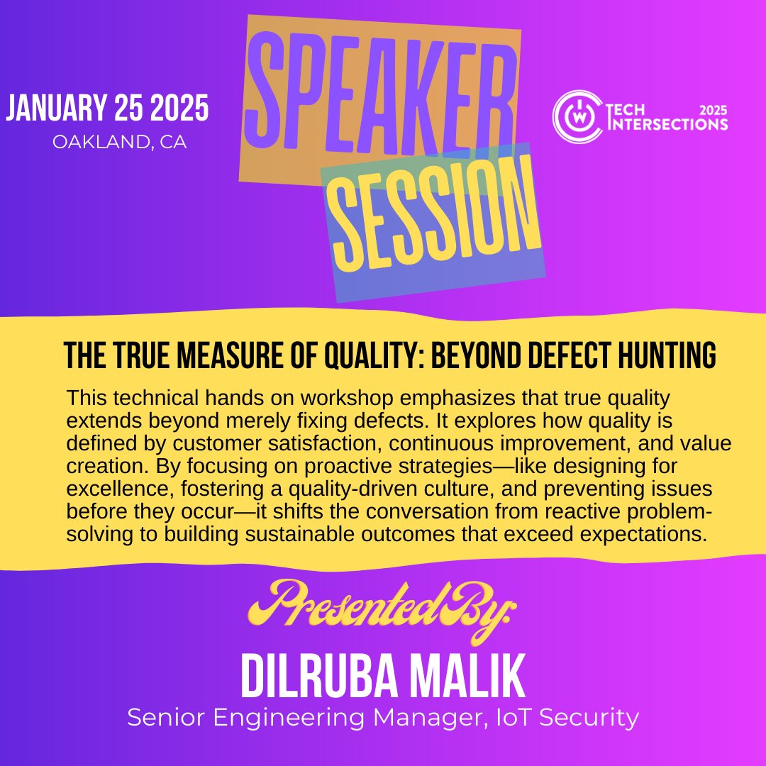 Tech Intersections (@tech_intersect) on Twitter photo Level up your engineering! Join <a href="/DilrubaMalik/">Dilruba Malik</a> for 'The True Measure of Quality: Beyond Defect Hunting' & discover how redefining quality can transform your leadership.
🗓️ Jan 25 | #MillsCollege #Oakland
🎟️ Get Your Tix bit.ly/2025techinters…
#TechIntersections #WOCinTech Level up your engineering! Join <a href="/DilrubaMalik/">Dilruba Malik</a> for 'The True Measure of Quality: Beyond Defect Hunting' & discover how redefining quality can transform your leadership.
🗓️ Jan 25 | #MillsCollege #Oakland
🎟️ Get Your Tix bit.ly/2025techinters…
#TechIntersections #WOCinTech