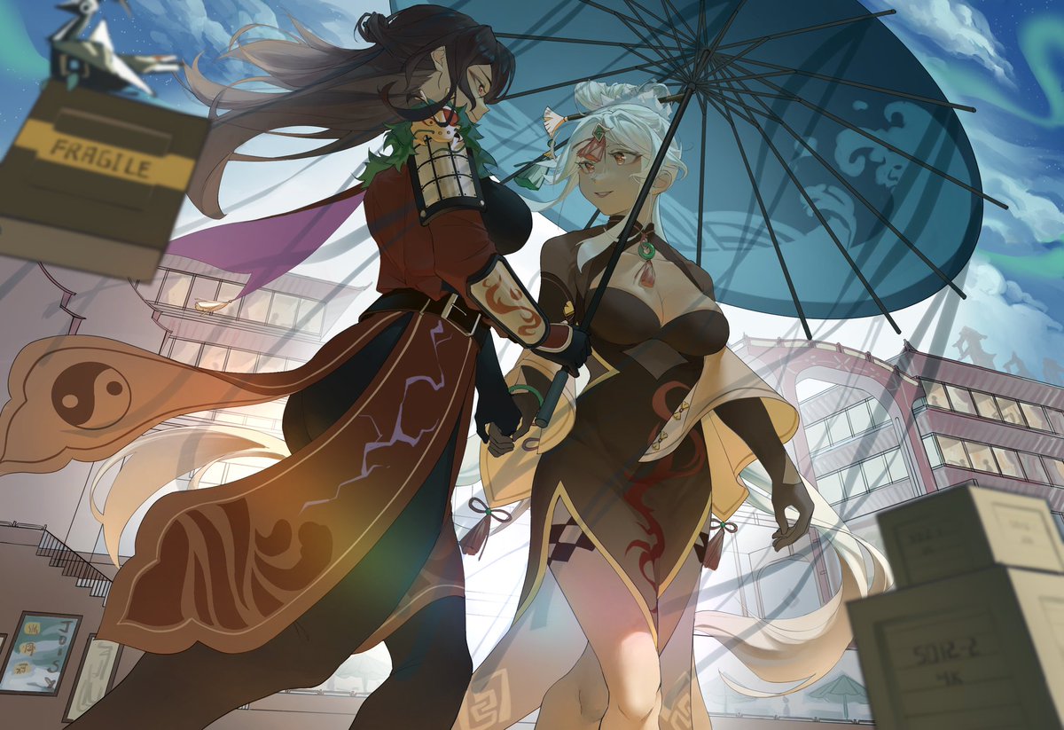 My piece for <a href="/beiguangauzine/">Lover: Beiguang AU Zine ❤️‍ PROJECT COMPLETED</a> !! HSR au where they are in Luofu- Beidou is a general and Ningguang is a commission master! 

This piece was made in 2023 but I still love the composition and vibes a lot 🧡

 The zine currently have leftovers opened, links below!

#beiguang #北凝