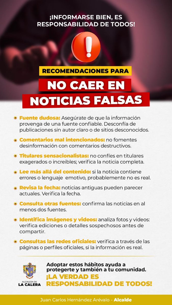 ¡Informarse bien es responsabilidad de todos! 📷 📷 Aquí te dejamos las siguientes recomendaciones para NO caer en noticias falsas.
#LaCaleraEntornosSeguros
#LaCaleraUnLugarParaTodos
