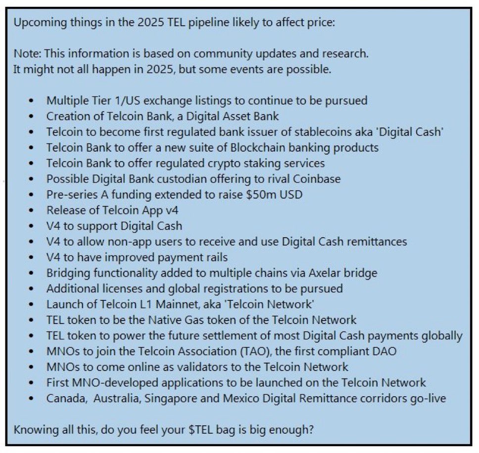 MrMib's tweet photo. $TEL has a shot at 111x
.006x111= $.66
Catalysts Pending
Telcoin Bank 30-90 days
$50mil Pre Series A funding filled
V4 App Release
Digital Cash Stables Release 
eUSD eJPY eGBP ect
Telcoin Network Main Net Launch
@GSMA Mobile Network Operator Validator applications
T1 Listings - negotiations with NDAs
@telcoin @0xPolygon