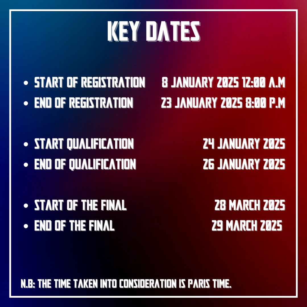 You've been waiting for it, here it is !
The roadmap of HackDay 2025 is now available. 📝

👉 Be ready for registration on January 8 !
After that date, you have until January 23 to complete the registration of your team. 🧑‍💻

#ctf #HackDay2025 #cyber #Innovation #CS #Student