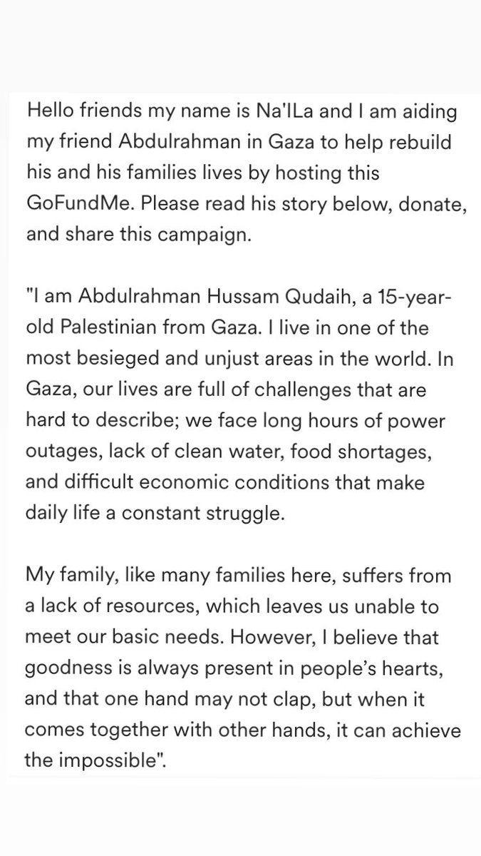 CITRUSNC07's tweet photo. Hey y’all!! I have started a GoFundMe for a 15 year old boy and his family in Gaza. Please please share and donate and help them rebuild their lives! https://t.co/baeENtvIap