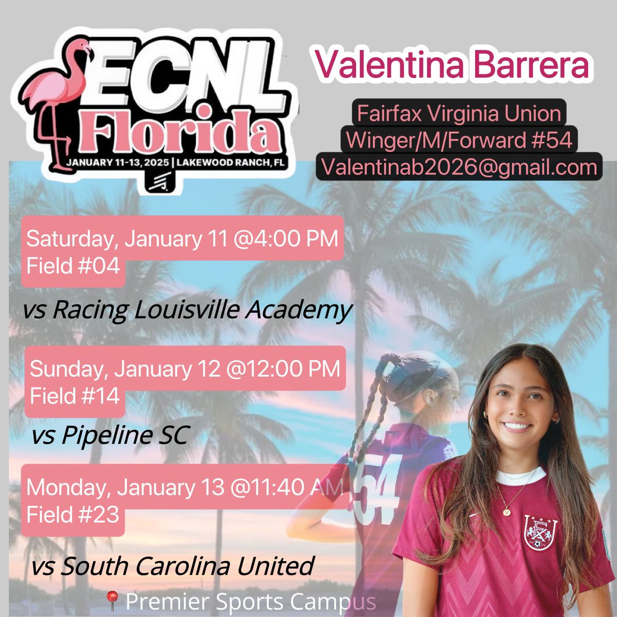 Florida‼️
<a href="/ffxvaunion/">Fairfax VA Union ECNL</a> <a href="/UnionECNL/">Union ECNL Girls Recruiting</a> <a href="/ImYouthSoccer/">ECNL/GA/Recruiting/College Soccer</a> <a href="/ImCollegeSoccer/">College Soccer Truth ™</a> <a href="/PrepSoccer/">Prep Soccer ⚽️</a> <a href="/TopDrawerSoccer/">TopDrawerSoccer</a>