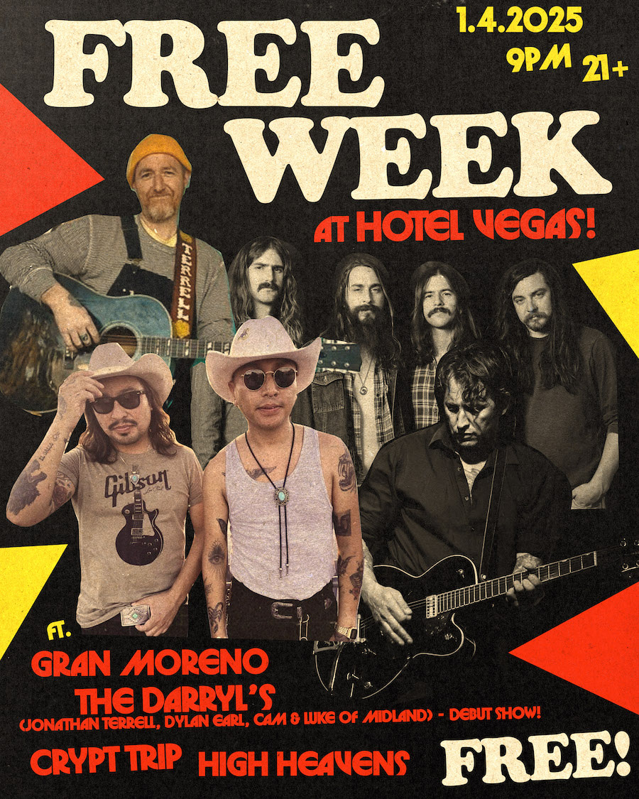 HotelVegasATX's tweet photo. 🔺SATURDAY NIGHT OF #FREEWEEK🔻
🌮 El Borracho Tacos open 8pm-2am❗️
🎧 DJ Suxxy Puxxy at 10pm❗️
@TheNothingSong Presents:
Doors at 6
7 - GAWKER
8 - DEEP CROSS
⬇
9:30 - High Heavens
10:30 - Crypt Trip
11:30 - The Darryl's
12:30 - Gran Moreno
21+ only https://t.co/3HXfuRiQ7O