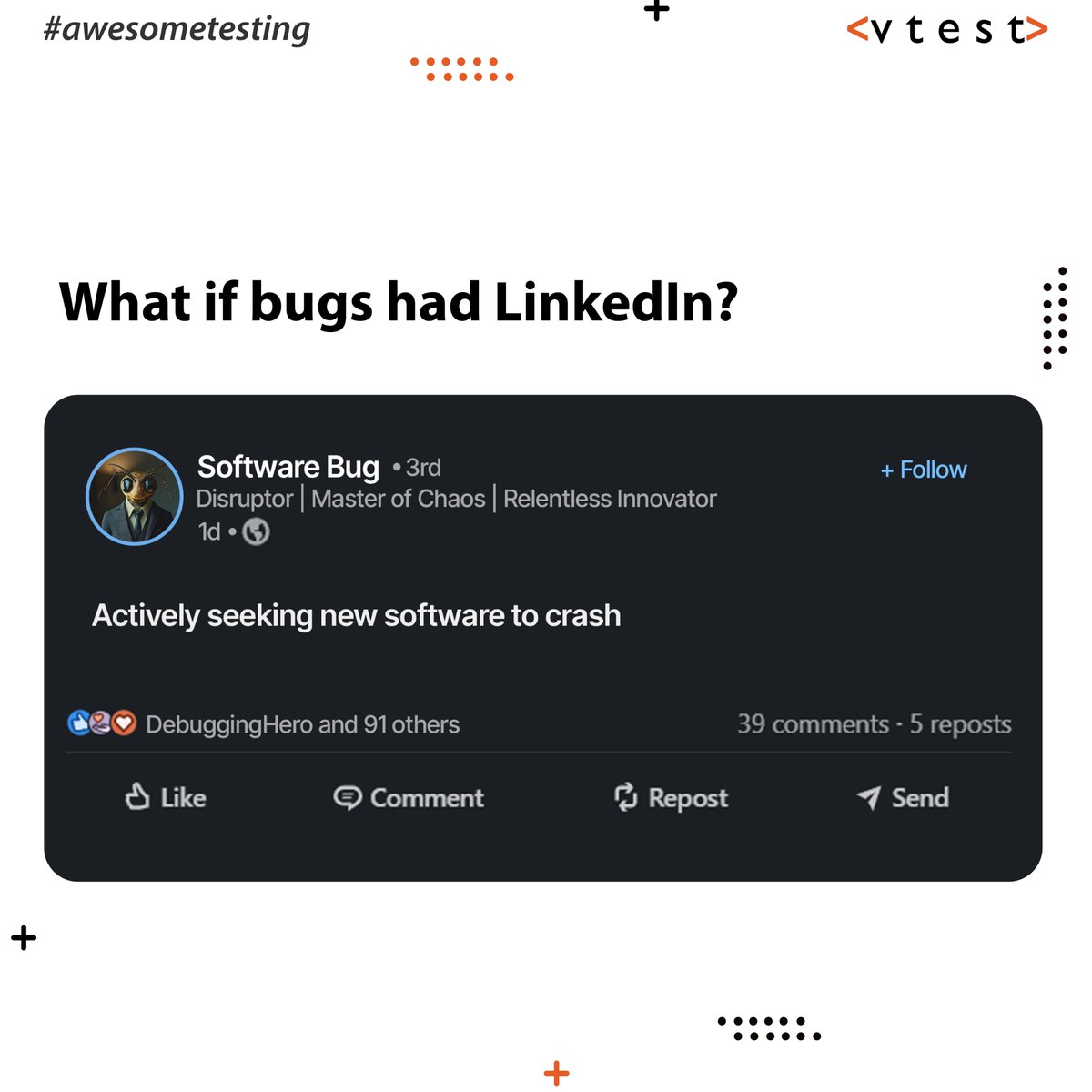vtestcorp's tweet photo. #thursdaymemes
"'Actively seeking new software to crash'
Plot twist: Not in systems protected by VTEST.
#memes #testing #memesdaily #itmemes #softwaretestingcompany #softwaretestingservices #qacompanies #qaservices #softwaretesting #awesometesting #vtest https://t.co/CCtF5PfxQ8