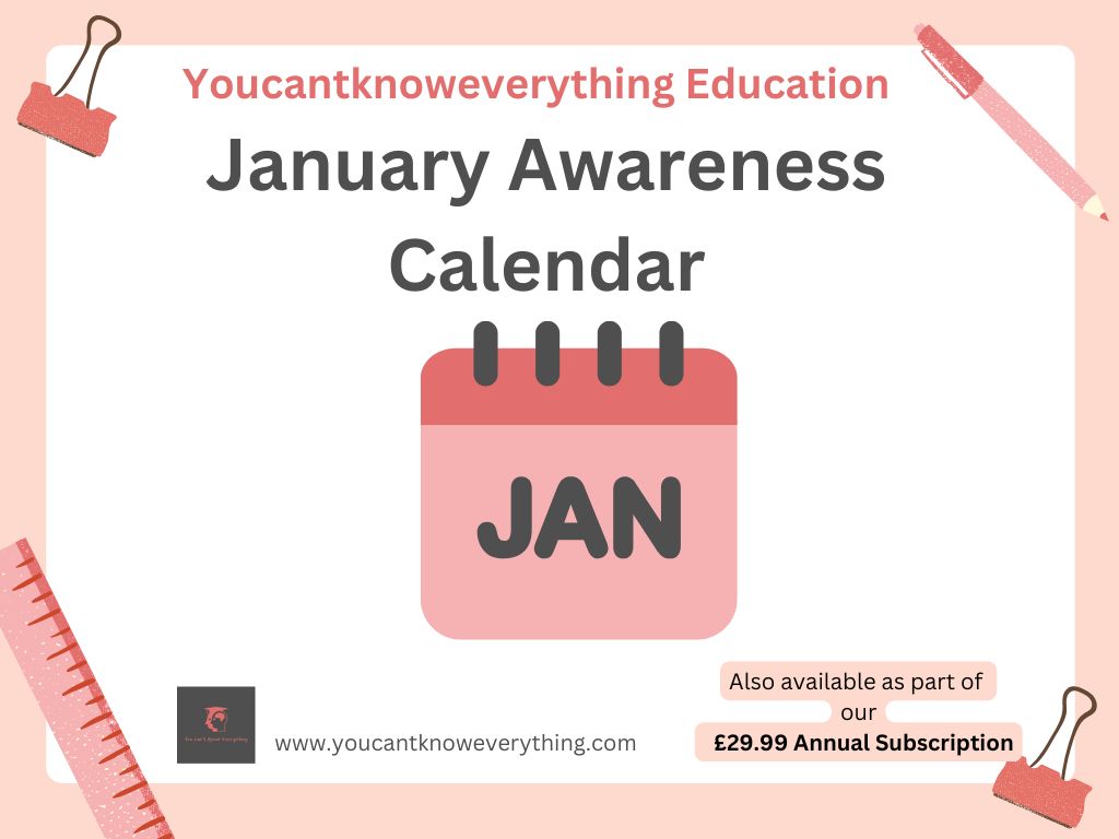 YCKEEducation's tweet image. Free printable awareness calendar for January.  We also have lots of the resources to support on our website and in our subscription folders.

youcantknoweverything.com

#PSHE #pastoral #formtime #edutwitter