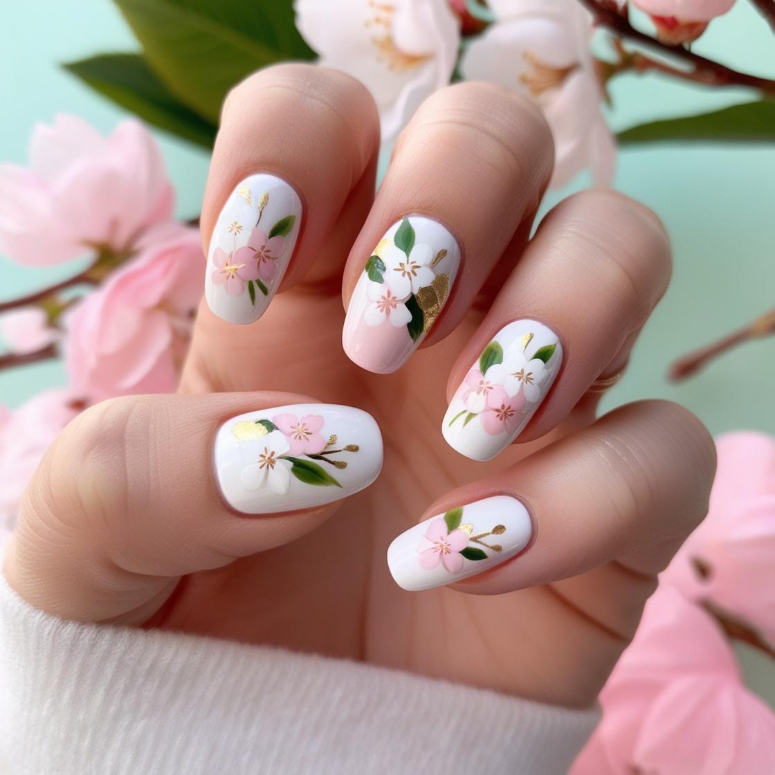 NailEnclave's tweet image. 🌿 Spring perfection! 🌸 This Hanami Nail Design combines sakura flowers, soft pastels, and gold accents for an on-trend and nature-inspired manicure. 💅✨ A must-try look for the season! Save this now! 🌷💕 #CherryBlossomNails #SpringNails2025 #SakuraVibes