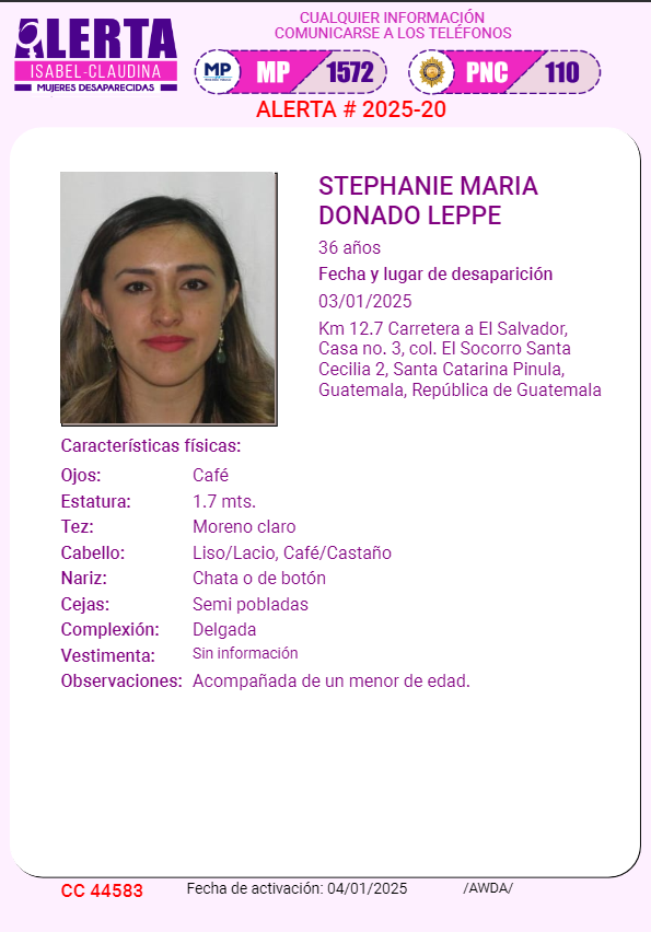 isabel_claudina's tweet photo. #AlertaIsabelClaudina
🚨 Ayúdenos a encontrar a
STEPHANIE MARIA DONADO LEPPE
Desapareció el 03 de enero de 2025
Cualquier información comunicarse al teléfono 📞 1572
Gracias por difundir esta información❗ https://t.co/ktJD6mCGzx