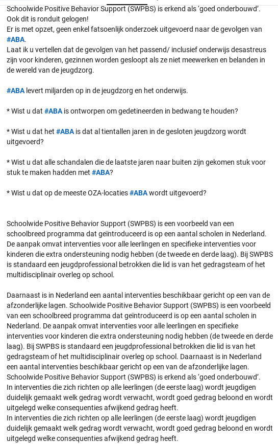 Mamavan321's tweet photo. Dit is de allergrootste moneymaker in het onderwijs.
Alleen klopt er niets van wat hier staat.
#PBS/ #SWPBS oftewel #ABA)wordt op de meeste scholen uitgevoerd en is tevens de grootste oorzaak van uitval in het onderwijs. (350.000+ thuiszitters) Geen 70.000 zoals wordt beweerd. https://t.co/2Gd0n6uva9