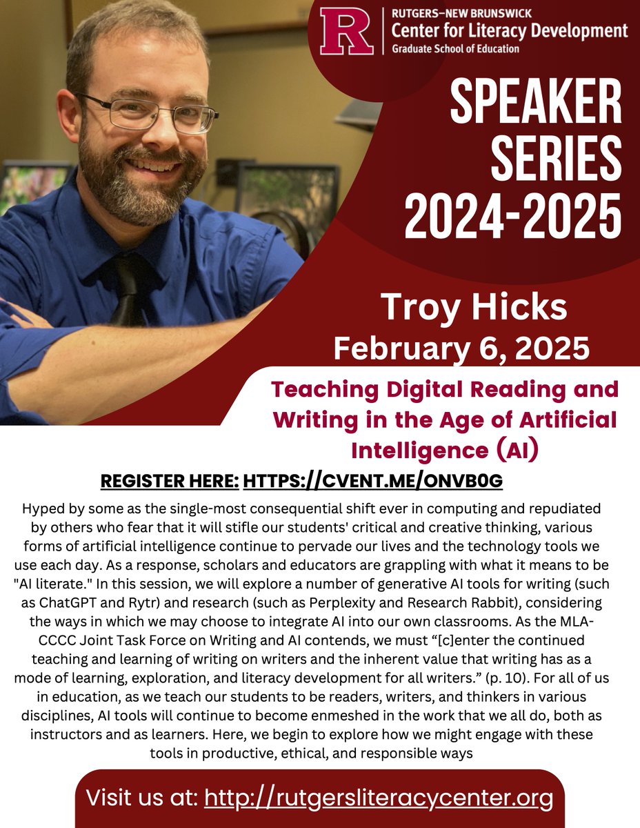 Troy Hicks (@hickstro) on Twitter photo Looking forward to being with everyone <a href="/RULiteracyDev/">RU GSE CLD</a> for our February 6 event, "Teaching Digital Reading and
Writing in the Age of Artificial
Intelligence (AI)." Register here: web.cvent.com/event/fdd17895… Looking forward to being with everyone <a href="/RULiteracyDev/">RU GSE CLD</a> for our February 6 event, "Teaching Digital Reading and
Writing in the Age of Artificial
Intelligence (AI)." Register here: web.cvent.com/event/fdd17895…