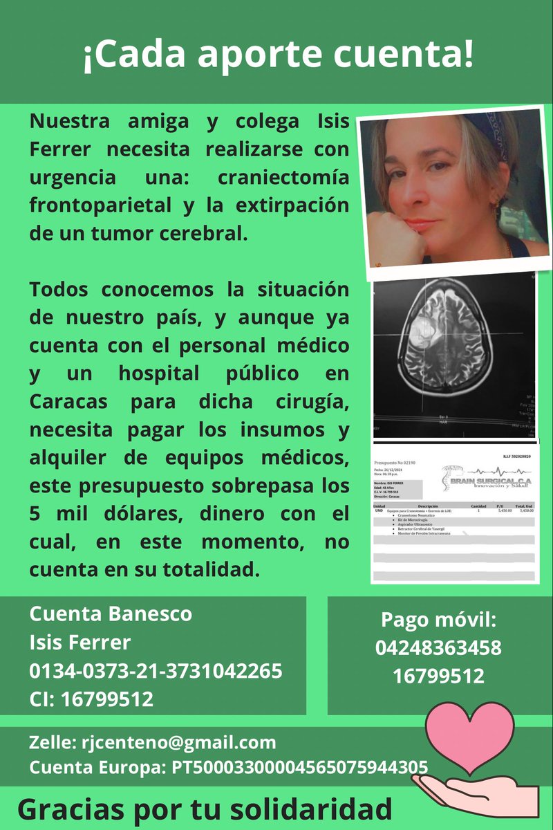 #ServicioPúblico | La colega periodista Isis Ferrer, de #Anzoátegui, necesita ser operada con urgencia para extirparle un tumor cerebral. 

Sus familiares y colegas en el estado se encuentran recaudando fondos para costear la intervención. 

💙Si puede ayudar, dejamos los datos.