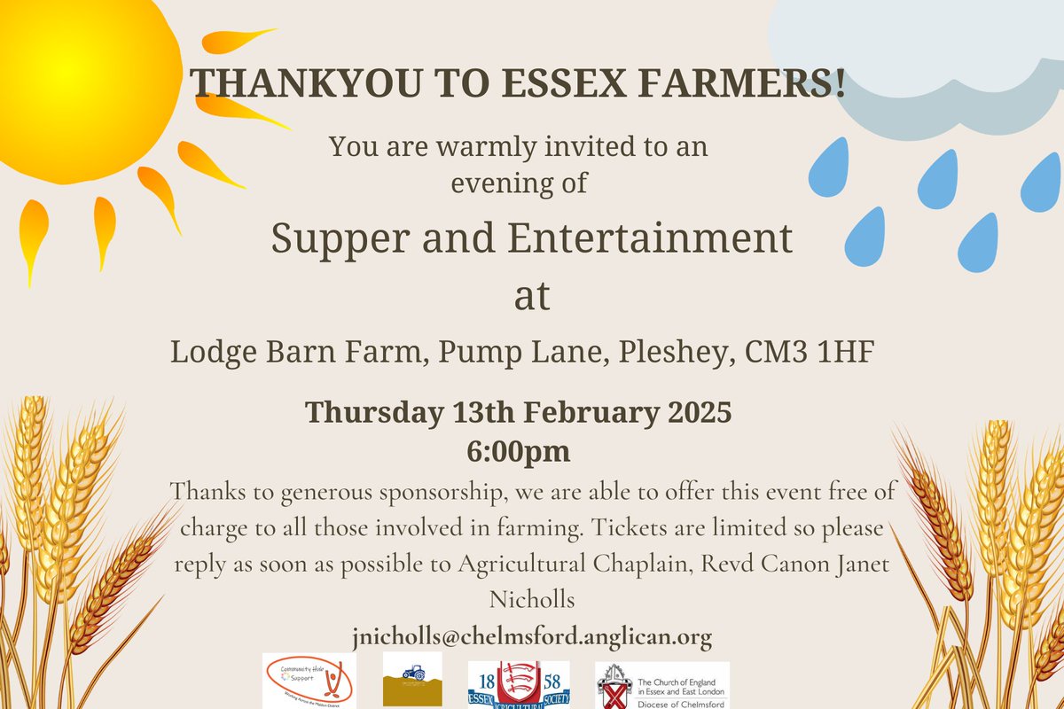 Happy New Year
Events
1) Plough Sunday
Thaxted church, Sunday 12/01/25 11.00am
2) Thank you Event
Thursday 13/02/25 6.00pm
Lodge Farm Barn Pleshey CM3 1HF A free social event for farmers
Supper, entertainment and highlighted support offered by agricultural organisations/charities