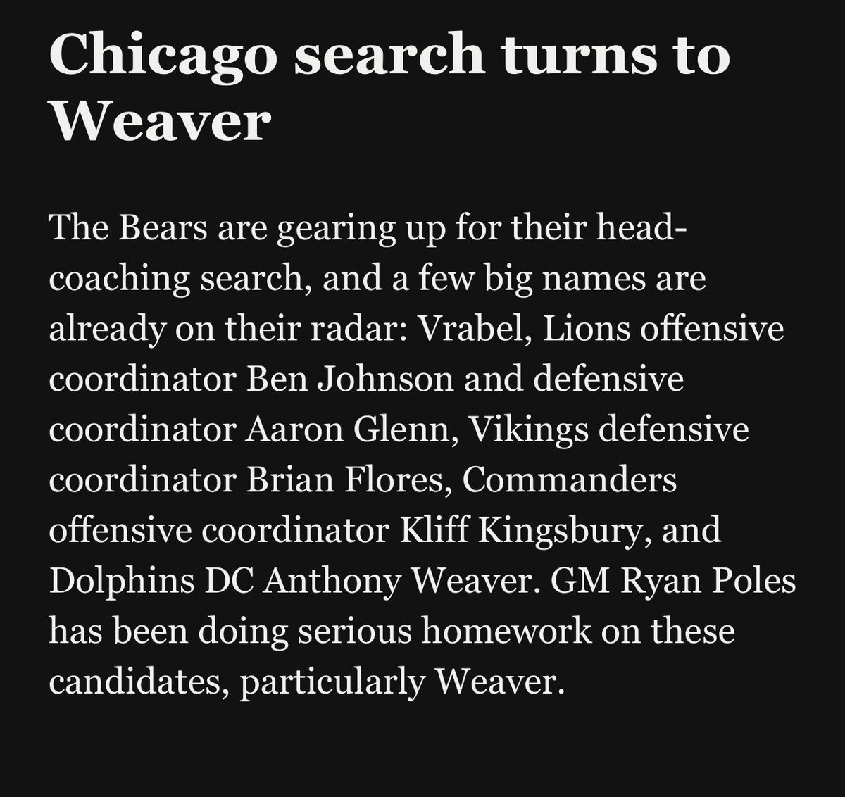 AaronLemingNFL's tweet image. Per Russini, another name to keep an eye on is Miami DC Anthony Weaver. #Bears