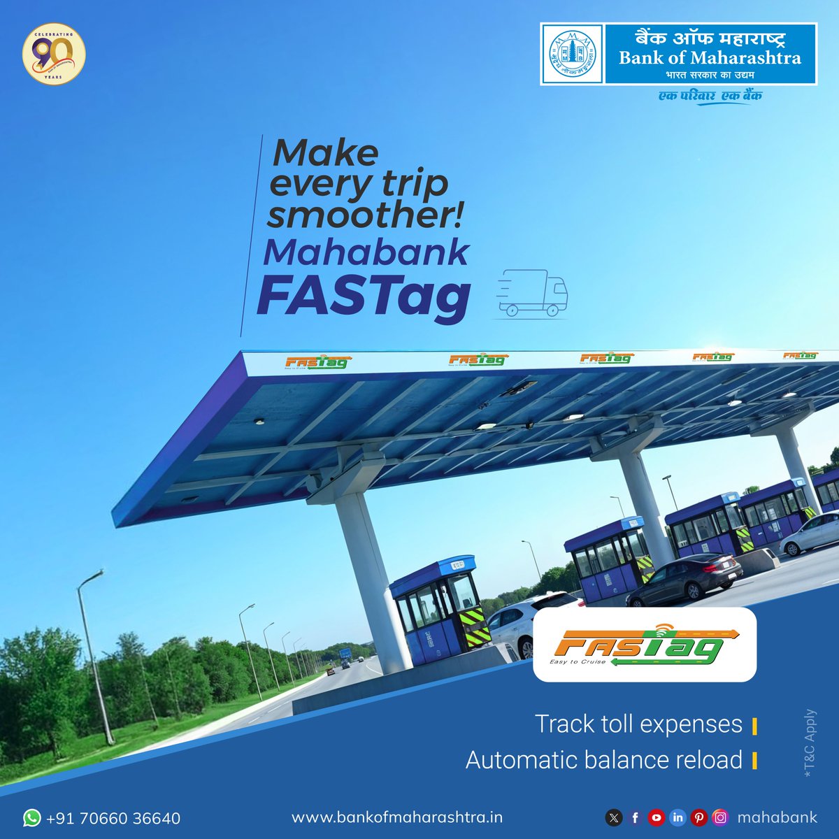 mahabank's tweet photo. Every journey deserves a smoother ride! With #Mahabank #FASTag, enjoy automatic balance reload, paperless transactions, toll expense tracking and hassle-free travel across highways. Apply yours today!
Click to know more https://t.co/cYyMadEwKU
#BoMTurns90 #AutoRecharge #NHAI https://t.co/F2aCfQ5bf1