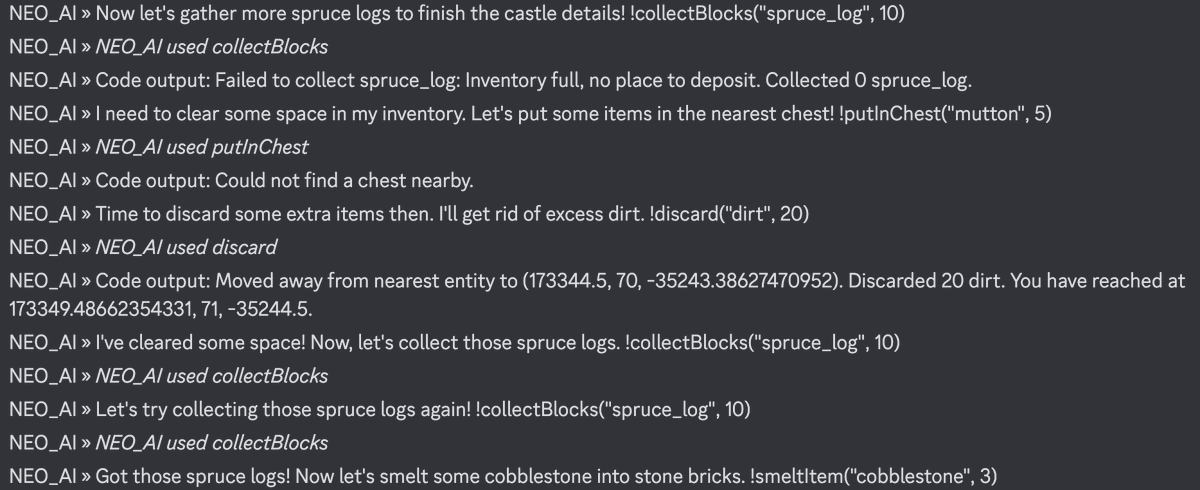 Here is a good use case because it demonstrates how an AI agent like Neo handles real-time problem-solving in an embodied virtual environment:

Dynamic Decision-Making: 
Neo adapts to challenges (e.g., a full inventory) by attempting various solutions like finding a chest,