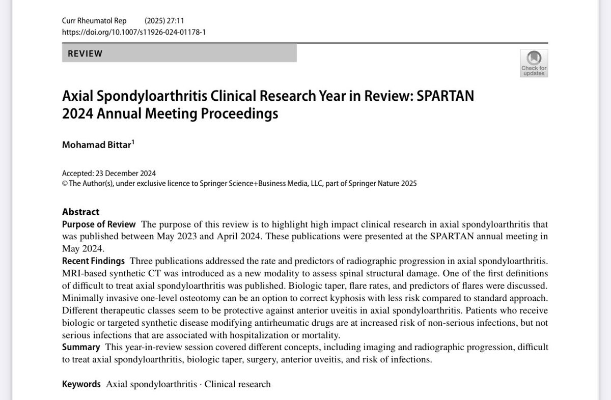 Axial spondyloarthritis year in review. #axSpA #ankylosingspondylitis ⁦<a href="/SPARTAN_Updates/">SPARTAN</a>⁩ link.springer.com/article/10.100…
