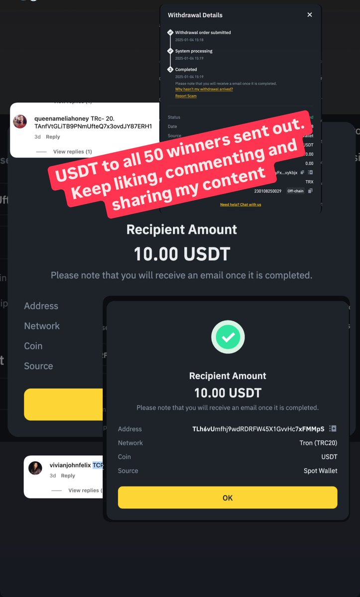 I don't give fake promises. 50 of the 50 winners of the previous gift 🎁 sent out. These are just few screenshots i took of the many, other winners will just get a notification 📣. wishing y'all a prosperous 2025. we all winning in this community this year. Keep commenting,