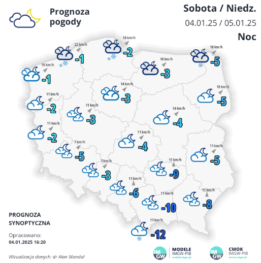 IMGWmeteo's tweet photo. W nocy przelotne opady śniegu ❄na północy, powodujące miejscami przyrost pokrywy śnieżnej o 5 cm.
🌡Temperatura od -10°C na południu do 0°C nad morzem; w kotlinach karpackich lokalnie -15°C.
💨Wiatr słaby, na północy okresami umiarkowany i porywisty, z kierunków południowych. https://t.co/CZh4hPLNue