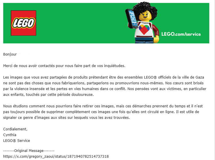 ArgoHydra's tweet photo. J'ai eu une réponse de @LEGO_Group après les avoir contacté sur le détournement de leur marque. https://t.co/dd8RS8YnZV