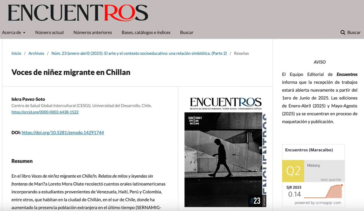 Gratitud para Iskra Pavez Soto, investigadora fundamental en los estudios de niñez migrante en Chile, por la reseña que escribió acerda de mi libro “Voces de niñez migrante en Chillán. Relatos de mitos y leyendas sin fronteras” (Ariadna Ediciones,2023).

encuentros.unermb.web.ve/index.php/encu…