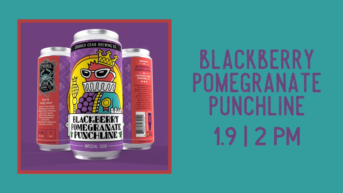 Blackberry Pomegranate Punchline makes its grand debut on Thursday, January 9th! Available on tap and in cans, this Imperial Sour is ready to reign: ow.ly/LXAI50UzMvb. #getcrooked #mdbeer #drinklocal