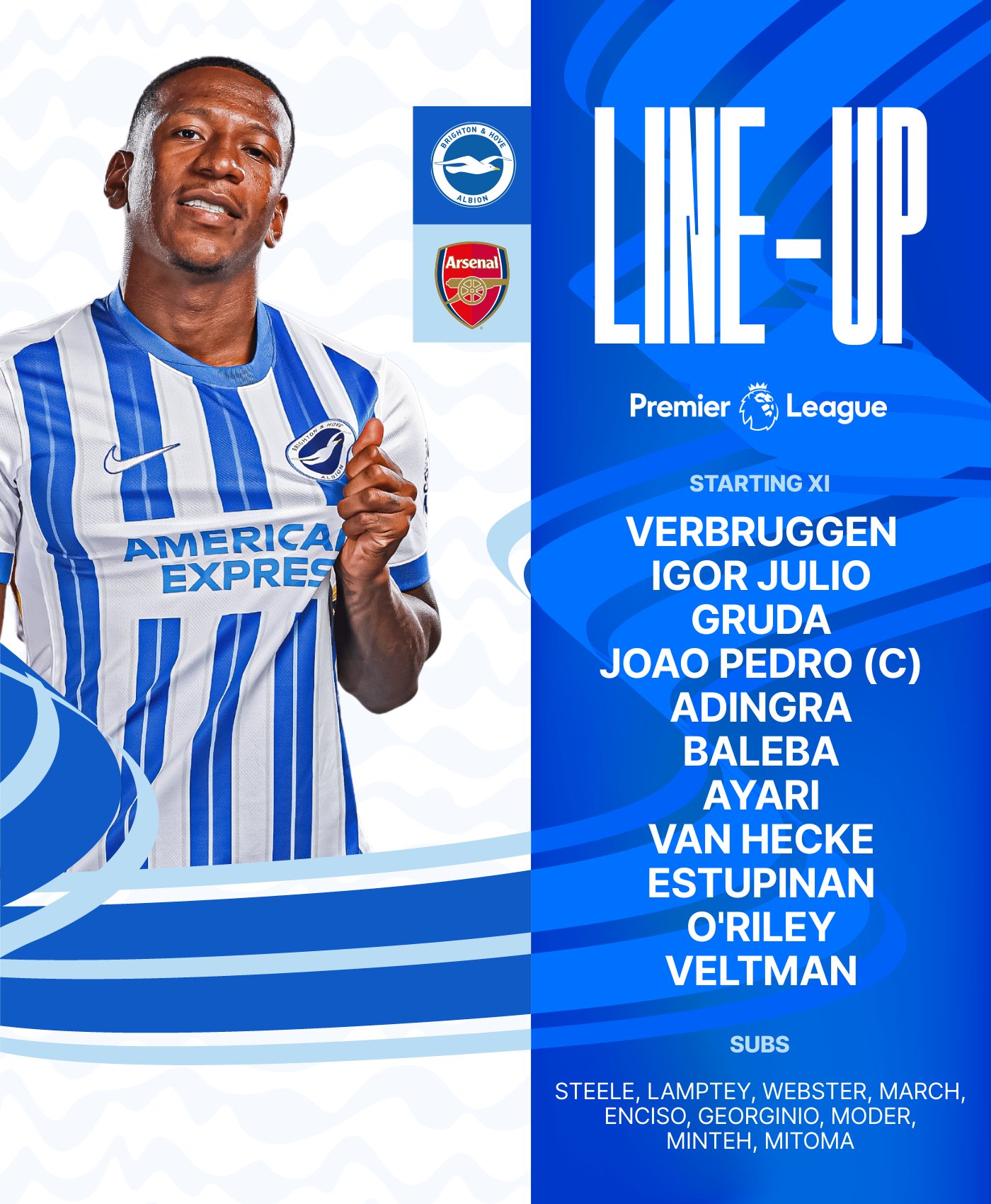 Albion v Arsenal starting XI graphic featuring an image of Pervis in our home kit: 

Verbruggen, Igor Julio, Gruda, Joao Pedro (C), Adingra, Baleba, Ayari, van Hecke, Estupinan, O'Riley, Veltman. Subs: Steele, Lamptey, Webster, March, Enciso, Georginio, Moder, Minteh, Mitoma. 

Come on Albion!