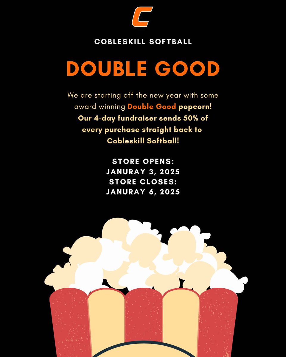 SUNY Cobleskill Softball (@cobleskillsb) on Twitter photo Get ready for a poppin’ good cause! 🍿
Stock up on award-winning popcorn.  Our fundraising window is open from January 3rd to January 6th at 11:45PM.
Order online and get it shipped straight to your door!
Let’s make this a ‘butter’ success! 🧈
popup.doublegood.com/s/nq8r6l01 Get ready for a poppin’ good cause! 🍿
Stock up on award-winning popcorn.  Our fundraising window is open from January 3rd to January 6th at 11:45PM.
Order online and get it shipped straight to your door!
Let’s make this a ‘butter’ success! 🧈
popup.doublegood.com/s/nq8r6l01