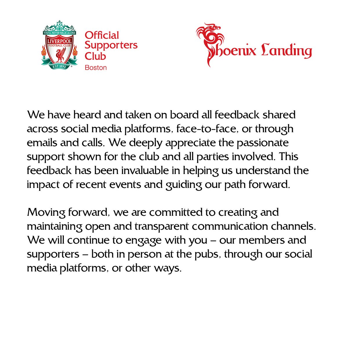 LFCBoston's tweet photo. A Joint Statement from LFC Boston and @PhoenixLanding_ 
#YNWA https://t.co/VNWdpSBImD