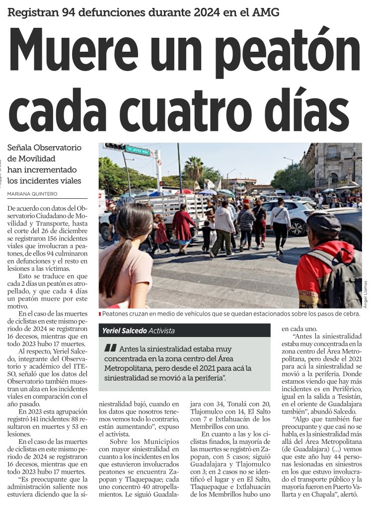 En la página llevamos un registro de siniestralidad elaborado por diversos organizaciones que integran este Observatorio, ocmovilidad.mx/siniestralidad/.

Siniestralidad peatonal <a href="/BlancosPasos/">pasos_blancos</a>, bici <a href="/BicicletaBlanca/">Bicicleta Blanca</a> y transporte público <a href="/MusIteso/">Movilidad Urbana Sustentable ITESO</a>.

No más muertes por siniestros viales