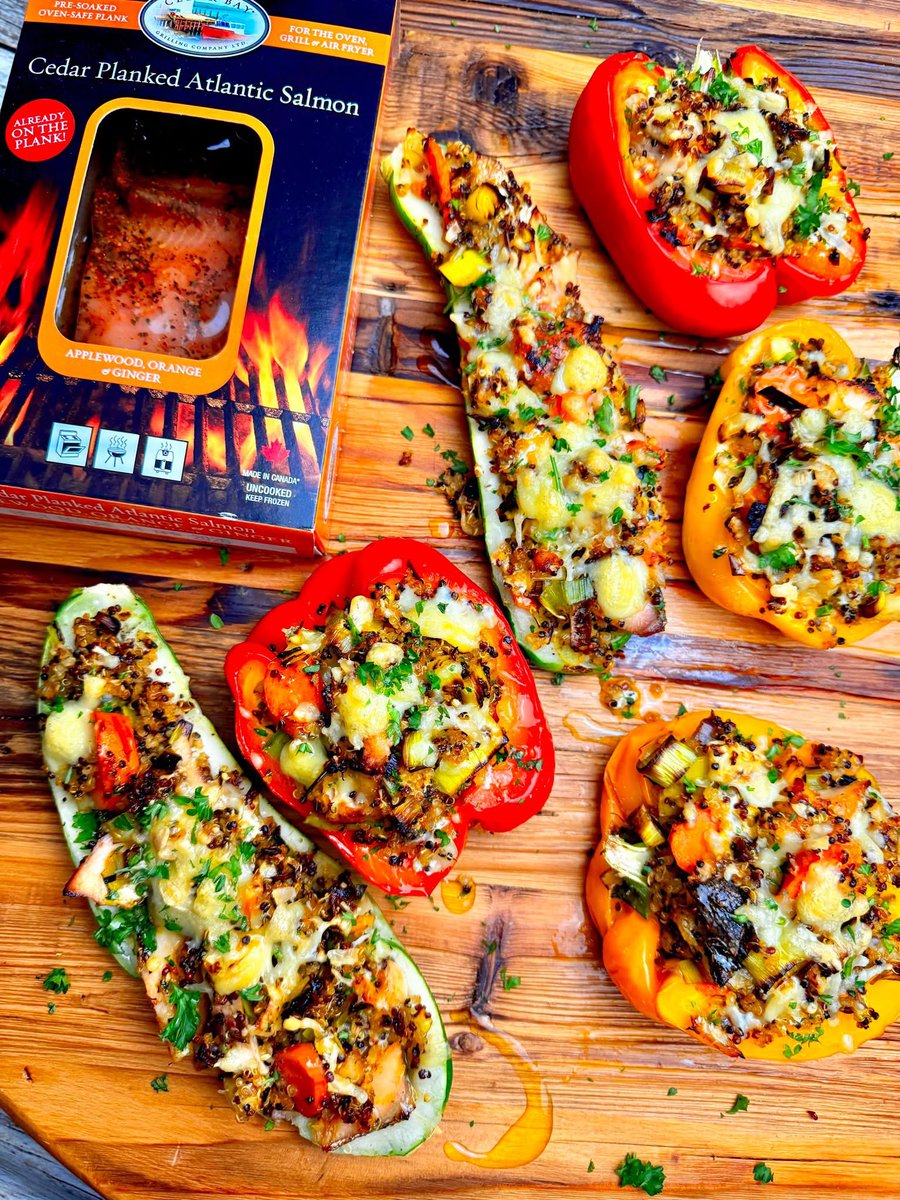 dishblock's tweet image. Need a crazy healthy meal that is packed with so much flavor (and a real looker😜😍)?  Try my Orange Ginger Salmon and Quinoa Stuffed Pepper and Zucchini Medley!  This is one of my family's favorite meals thanks to the Cedar Bay Grilling Company Cedar Planked Salmon which is so…