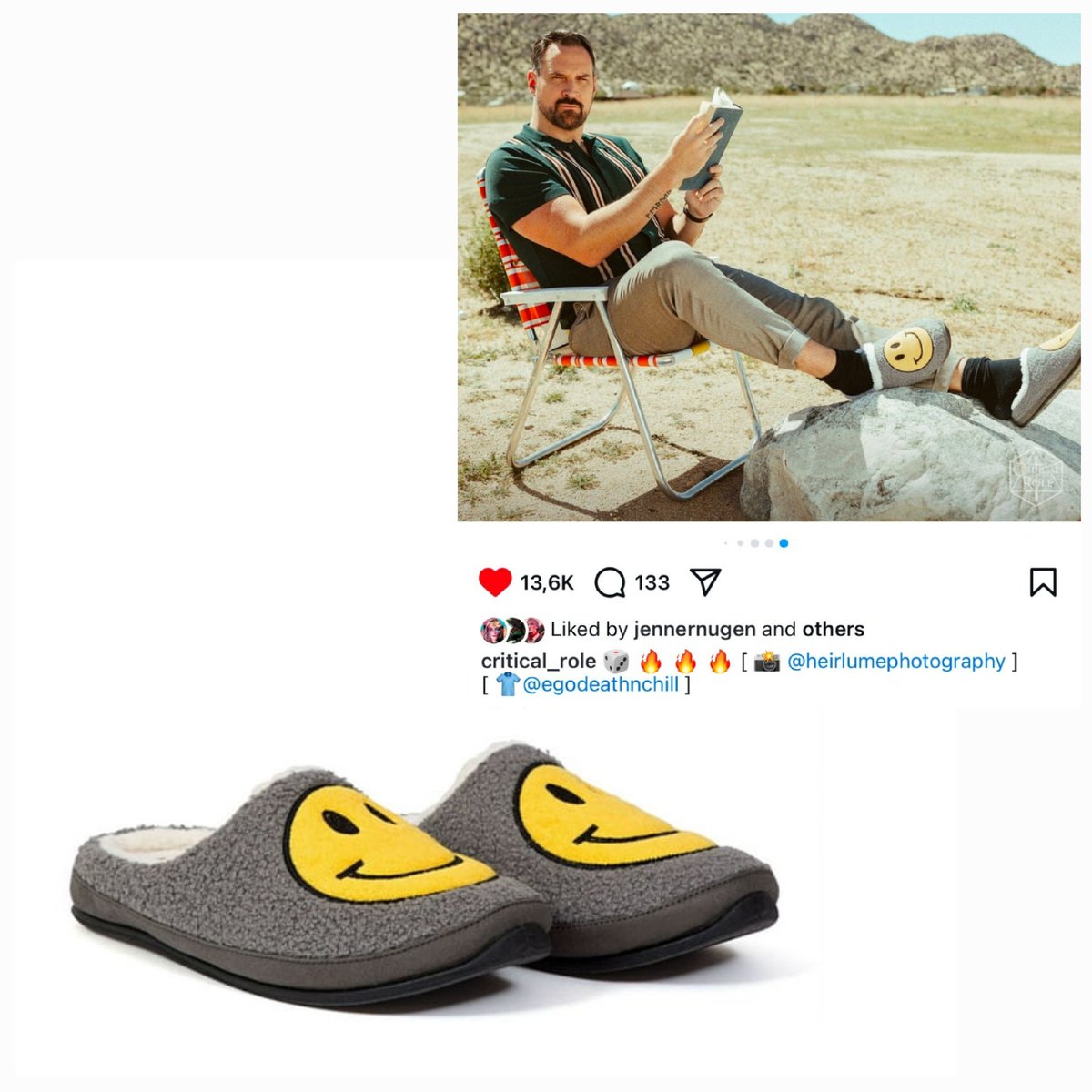 lizenrae's tweet photo. @saraparker @critrolecloset For the Rolling Stone photoshoot, Travis seems to be wearing the Men's Grey Smiley Face Slipperooz Slippers designed by @DeerStagsShoes, but it's not on their website. They can be found by searching for them online #CriticalRole #CritRoleCloset #TravisWillingham https://t.co/97YWihPH88