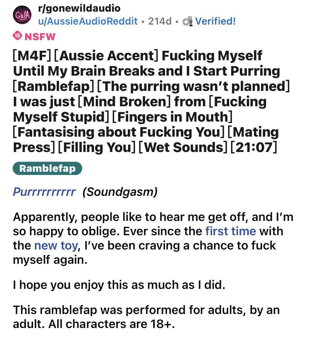 再推荐一个截至目前我最爱的土澳小狗！
笑着说话哭着喘，声音超级无敌巨好听，全程就是哼哼唧唧的寸止自慰，喘得超棒😋
还有用手指插喉咙之类的，玩到射了之后还发出了prrrr的咕噜声，怪萌的(^^)
soundgasm.net/u/AussieAudio/…