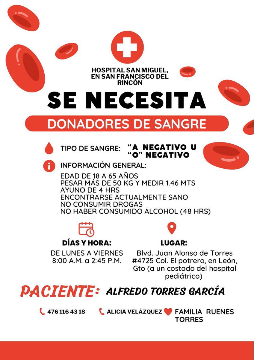 Lamentablemente el tipo de sangre es poco común, seguimos requiriendo donadores.  El nivel de hemoglobina, aún es muy bajo y se requiere nivelar, para realizar unos estudios.  Agradeceremos mucho nos apoyen!!! 
Excelente día!