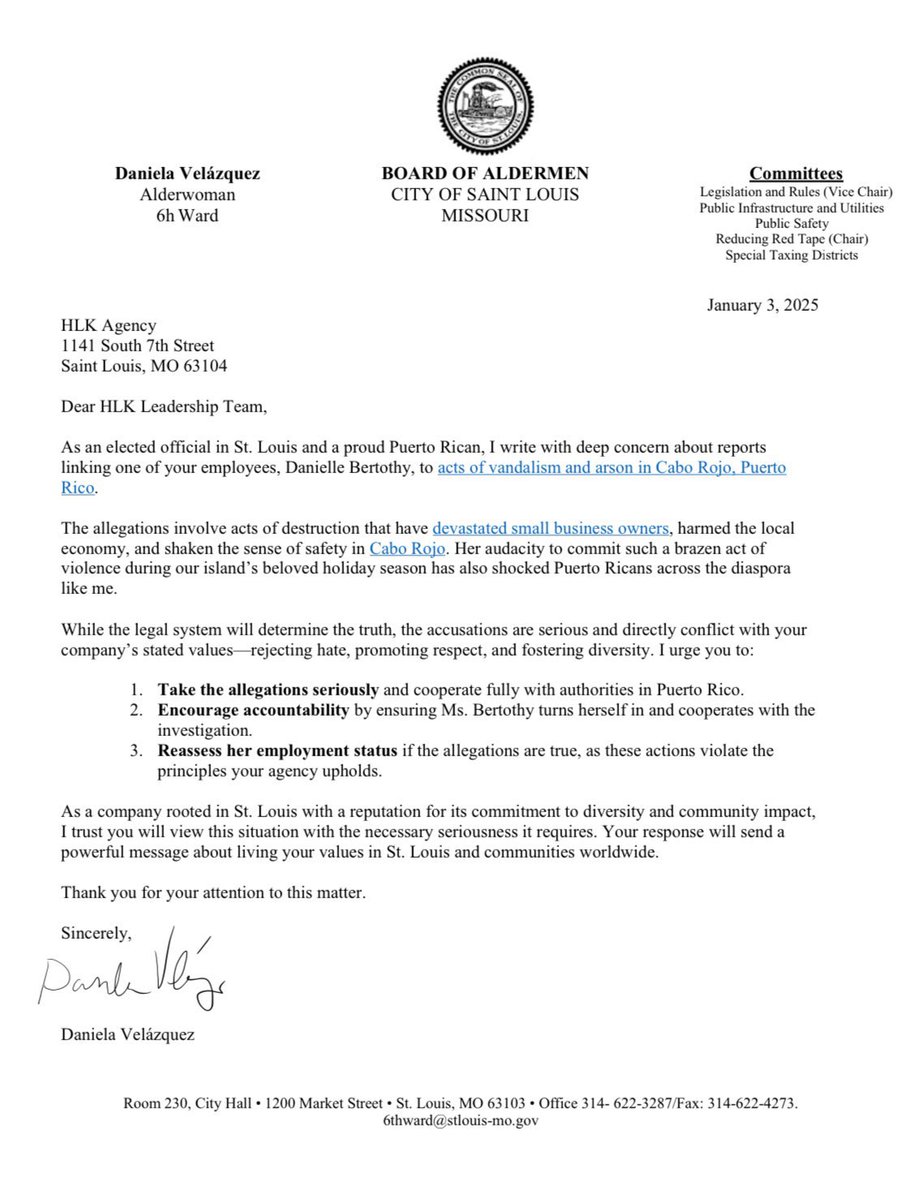 David Begnaud (@davidbegnaud) on Twitter photo A Missouri woman accused of setting fire to a beloved tourist spot in Cabo Rojo, Puerto Rico has been suspended by her employer after the employer was contacted by Saint Louis alderwoman <a href="/VDanielaV/">Daniela Velázquez</a>, who is Puerto Rican. The alderman asked the employer to ensure accountability. A Missouri woman accused of setting fire to a beloved tourist spot in Cabo Rojo, Puerto Rico has been suspended by her employer after the employer was contacted by Saint Louis alderwoman <a href="/VDanielaV/">Daniela Velázquez</a>, who is Puerto Rican. The alderman asked the employer to ensure accountability.