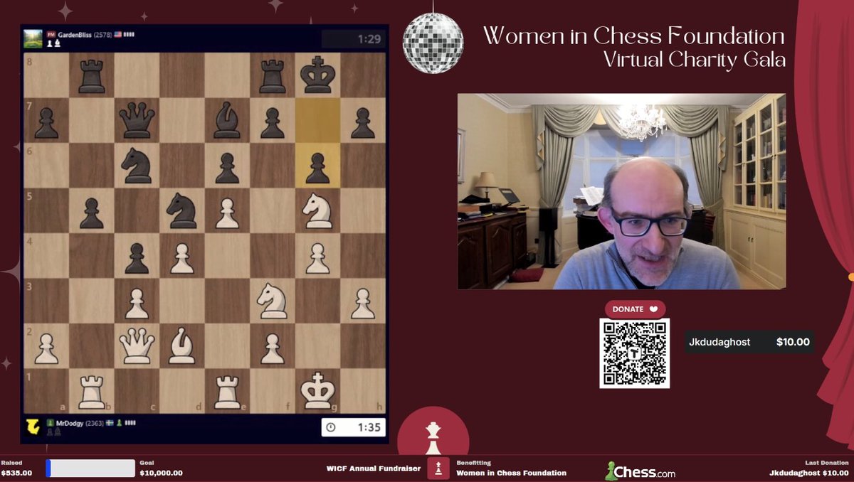 Women in Chess Foundation (@womeninchess) on Twitter photo It's <a href="/atwell_rose/">Rose Atwell</a> versus <a href="/ChessProblem/">MrDodgy</a>!! and we have <a href="/gmmds/">Matthew Sadler</a> commentating!
For every game he loses, Dodgy is donating to WICF.♟️
Come watch: twitch.tv/chesscomcommun… It's <a href="/atwell_rose/">Rose Atwell</a> versus <a href="/ChessProblem/">MrDodgy</a>!! and we have <a href="/gmmds/">Matthew Sadler</a> commentating!
For every game he loses, Dodgy is donating to WICF.♟️
Come watch: twitch.tv/chesscomcommun…