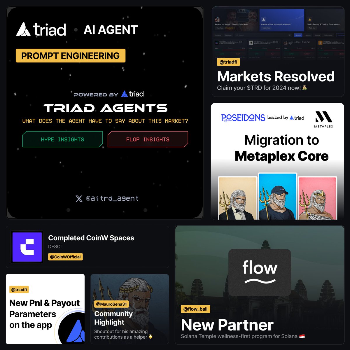 This Week in Triad - Issue 7

🤖 <a href="/aitrd_agent/">Triad Agent</a> for full market autonomy
🚀 <a href="/metaplex/">Metaplex</a> Core Migration 100%
🎙️ CoinW Spaces: DeSci's future
🏆 2024 Markets Resolved: Claim your $TRD!
📊 New PnL &amp; Payout Parameters
🌿 Welcome to @flow_bali Solana Temple🧘‍♂️

🌟 Community Highlight: