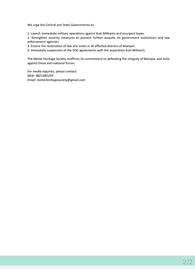 Press Release: Meitei Heritage Society strongly condemns attack on DC and SP Offices in Kangpokpi by Kuki Militants, Demands action against separatists Kuki militants.