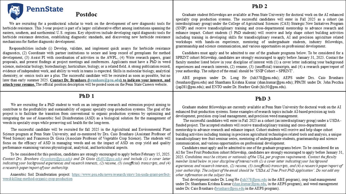 Caio Brunharo (@caiobrunharo) on Twitter photo I am recruiting for a postdoctoral scholar and 3 PhD positions in my lab <a href="/PSUPlantScience/">Department of Plant Science</a> for projects related to herbicide resistance, integrated weed management, and precision weed management. Details below. Don't hesitate to reach out to discuss further. Please share!!! I am recruiting for a postdoctoral scholar and 3 PhD positions in my lab <a href="/PSUPlantScience/">Department of Plant Science</a> for projects related to herbicide resistance, integrated weed management, and precision weed management. Details below. Don't hesitate to reach out to discuss further. Please share!!!