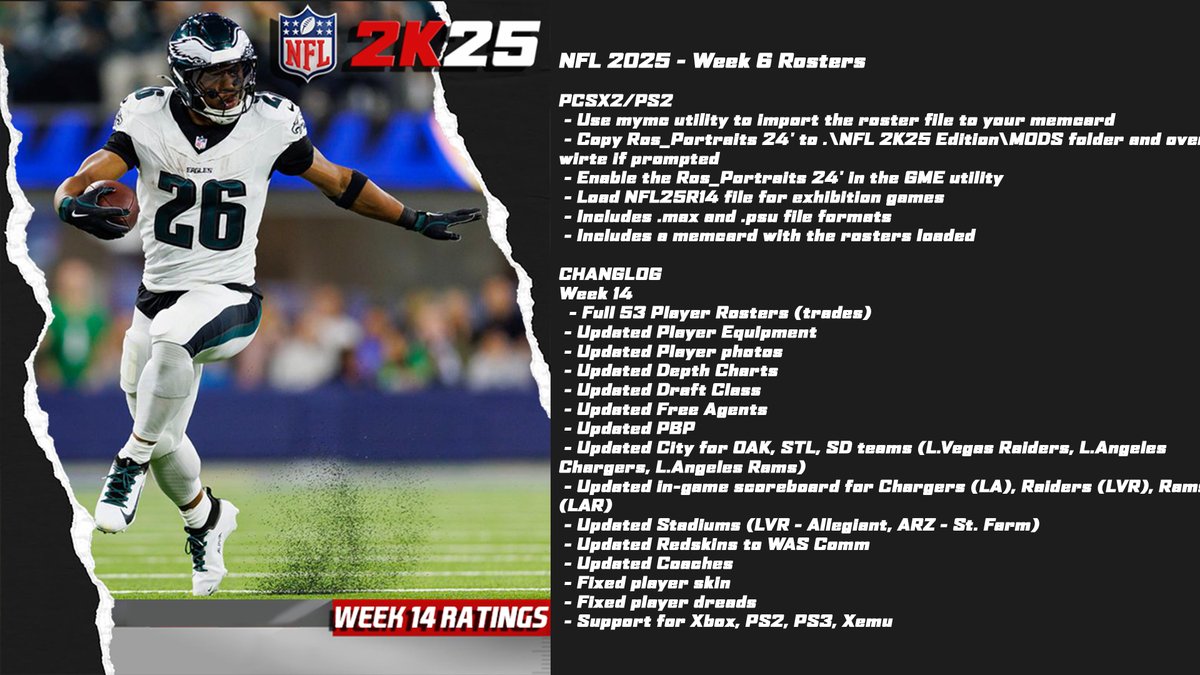 Week 14 Rosters are now available with some update/fixes

 - Updated Redskins to WAS Comm
 - Updated Coaches
 - Updated player dreads
- Fixed player skin
 - Support for Xbox, PS2, PS3, Xemu

Direct: tinyurl.com/bdf9yjr3
GitHub: github.com/lostsoul63b/NF…

@nfl2kmod @nfl2k5