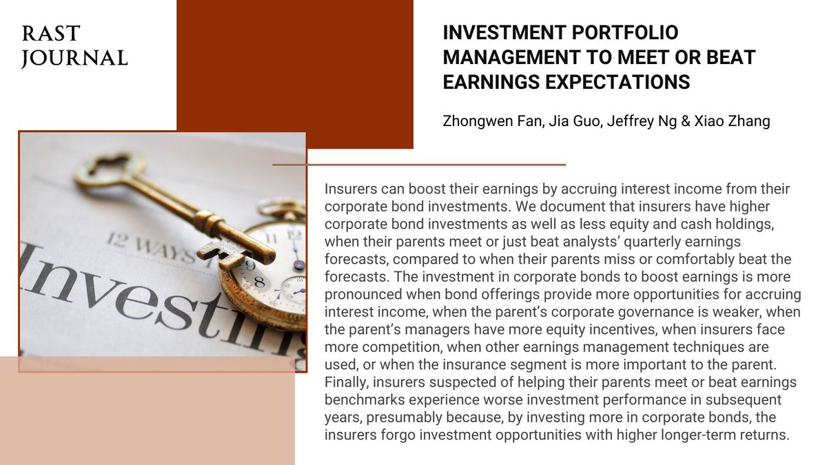 How do insurers help parent firms meet earnings forecasts? New research finds insurers increase bond investments while reducing equity and cash holdings—but this comes at a cost to long-term returns. Read the #OpenAccess paper to learn more! bit.ly/4iUeNJi