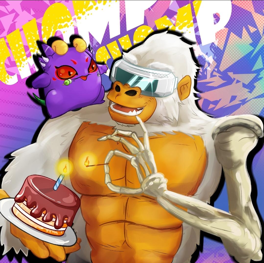 BG_Crypto4's tweet photo. My great friend @motakkaXD made an amazing poster for my birthday. Hes been with us at @ChompSquadAxie for a while, he's such an awesome person. Here i present to you my Cyberkongz VX with Chomp Dragon holding my birthday cake.
🎂 January 4th 🎉 CHOMP CHOMP 🎉 https://t.co/45zvGfbT12