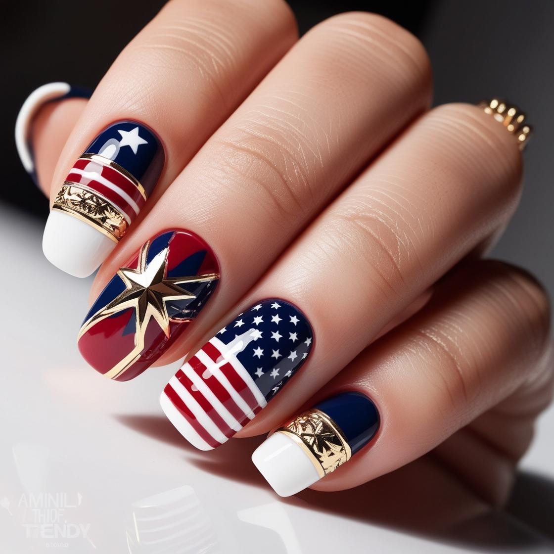 NailEnclave's tweet photo. ✨ Elevate your style with these Patriotic Luxe Nails! 💅 Featuring stripes, stars, and gold embellishments, this 4th of July nail art is the perfect mix of bold and elegant. 🎆💕🇺🇸 #StarSpangledStyle #PatrioticGlamNails #IndependenceDayDesign https://t.co/jynChthFK1