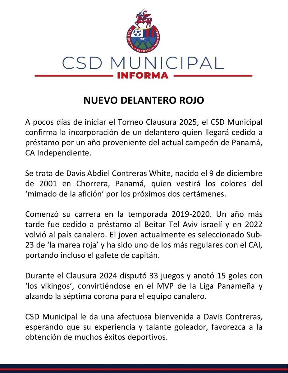 🇵🇦 Davis Contreras, proveniente del campeón de Panamá, <a href="/CAIPanama/">Club Atlético Independiente</a>, se une al único grande de Guatemala.

¡Bienvenido al #RojoDeMi❤️!

#VamosRojos 👊🏼👹
