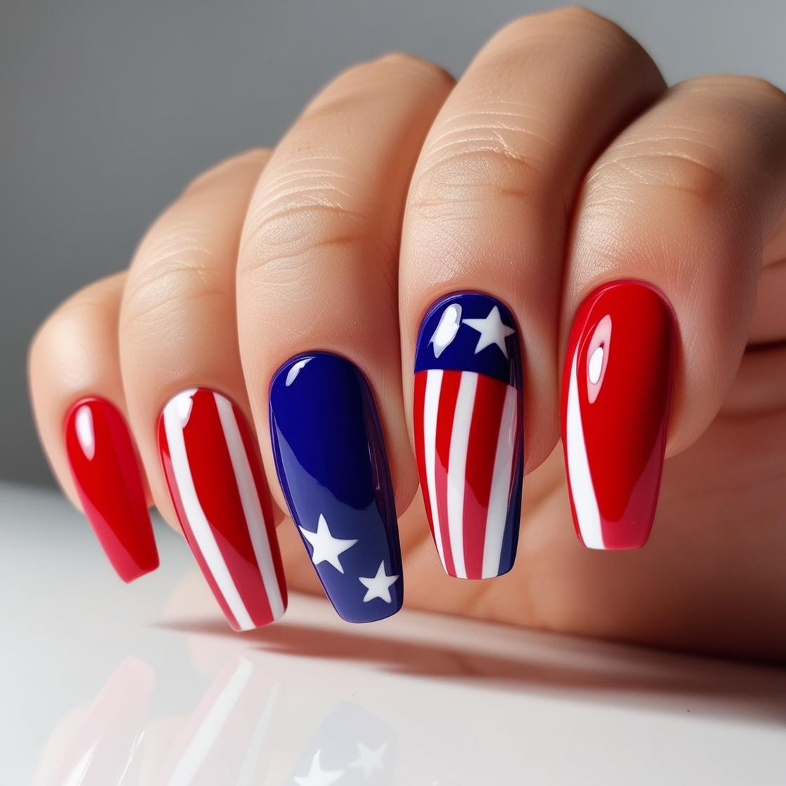 NailEnclave's tweet photo. 🎆 These Golden Patriotic Accents are perfect for showcasing your 4th of July spirit! 💅✨ The mix of stars, stripes, and glitter make your nails sparkle as much as the fireworks. 🇺🇸🌟 #IndependenceDayChic #FestiveNailArt #PatrioticVibes https://t.co/O8LMuH7zaW