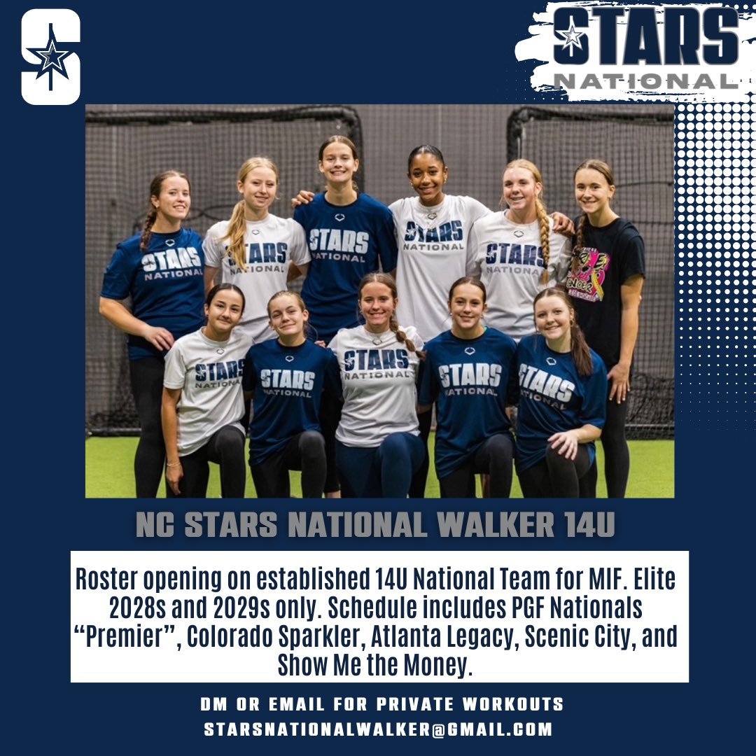 National 14U team (3 HPP qualifiers) looking for elite MIF in 2028 or 2029 class. Schedule includes PGF National (Premier) in CA, Sparkler in CO, Legacy in GA, Scenic in TN, and SMTM in FL. Team features players from multiple states. 

Contact Coach Joe for private workouts.