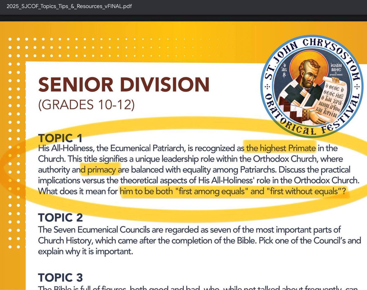 GnomeRad's tweet image. 🚨☦️🇺🇸🇬🇷 A concerned GOARCH priest sent me this screenshot from the topics page for the 2025 “St. John Chrysostom Oratorical Festival” put on by @goarch. 

Here we see the Ecumenical Patriarchate openly indoctrinating its youth into its neo-papal ecclesiology. They openly…