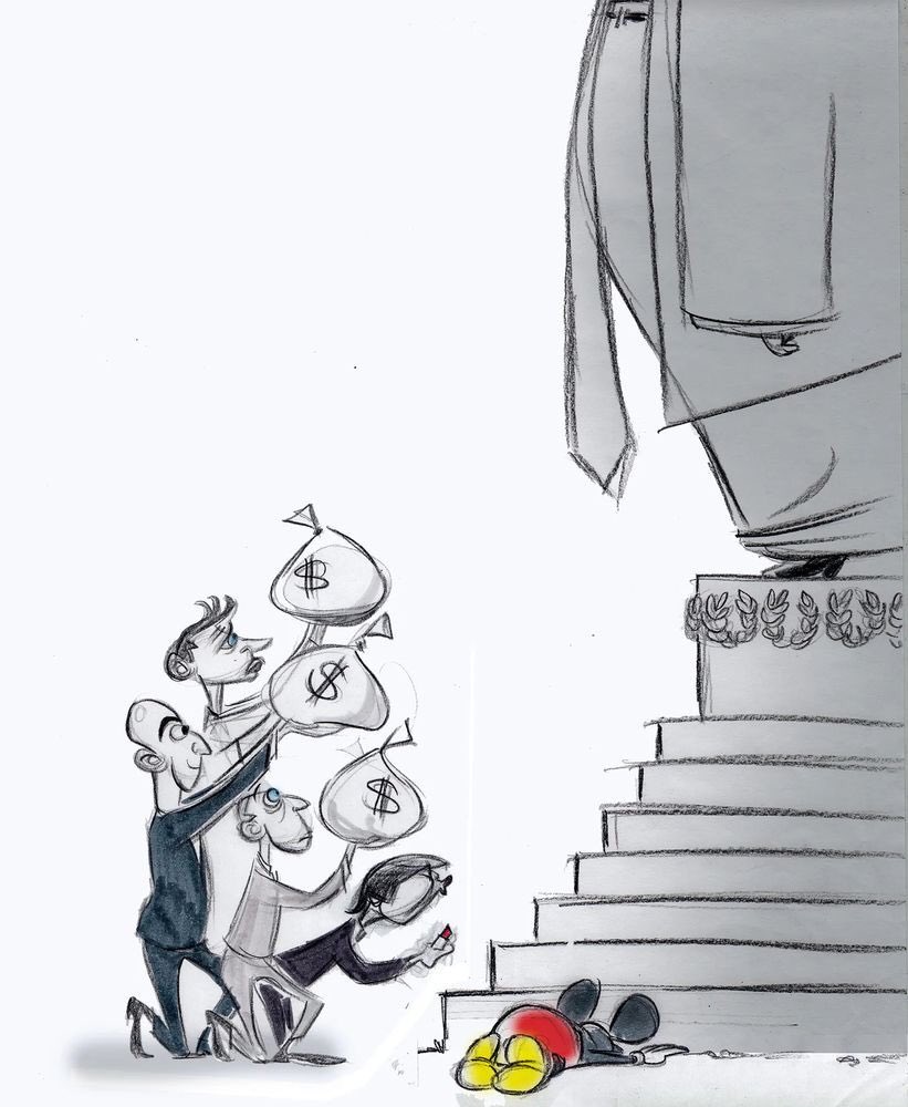 This cartoon was created by Pulitzer Prize winning cartoonist Ann Telnaes, it depicts Jeff Bezos and a few other corrupt billionaires funding the orange felon and bending their knee to him. The Washington Post blocked it from being seen, so she has resigned.